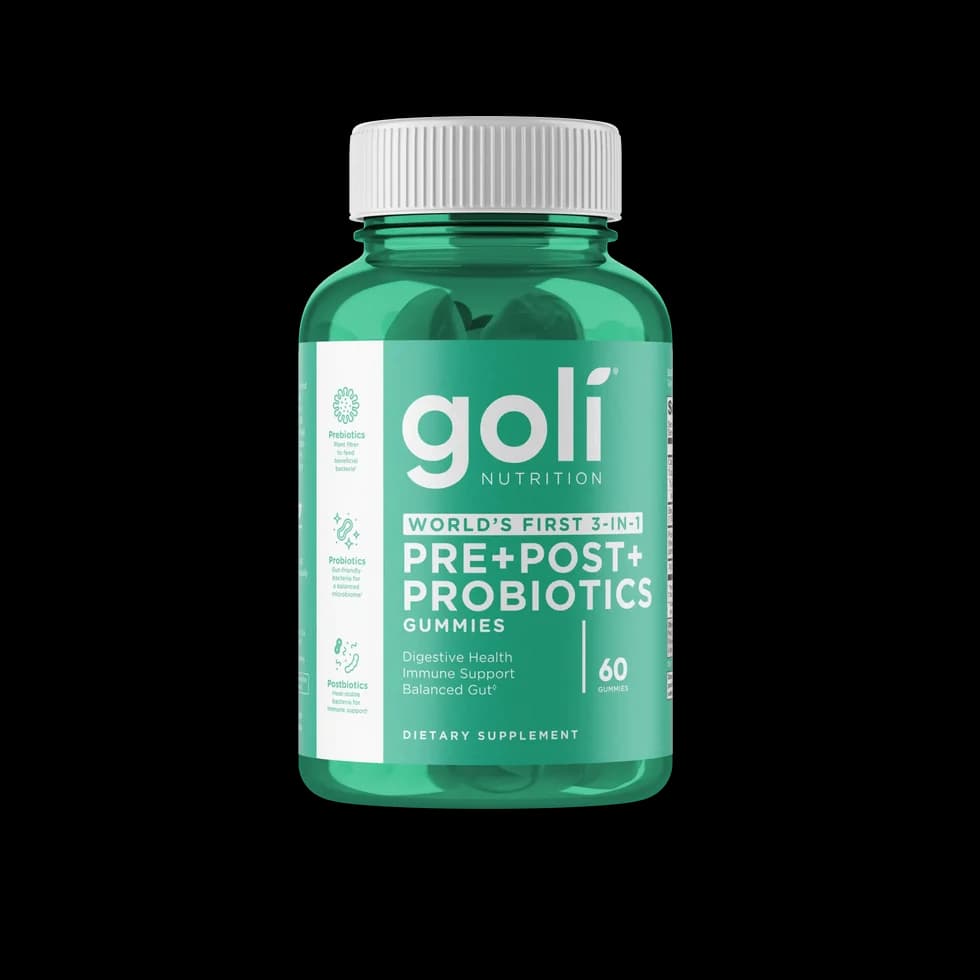 Green bottle of Goli Nutrition Pre + Post + Probiotic Gummies, 60 gummies, dietary supplement