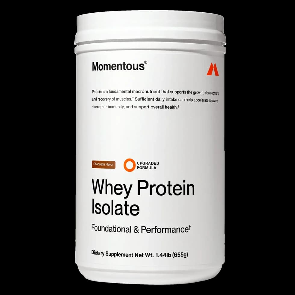 White tub of Momentous Whey Protein Isolate in chocolate flavour, 1.44 lb / 655 g, dietary supplement